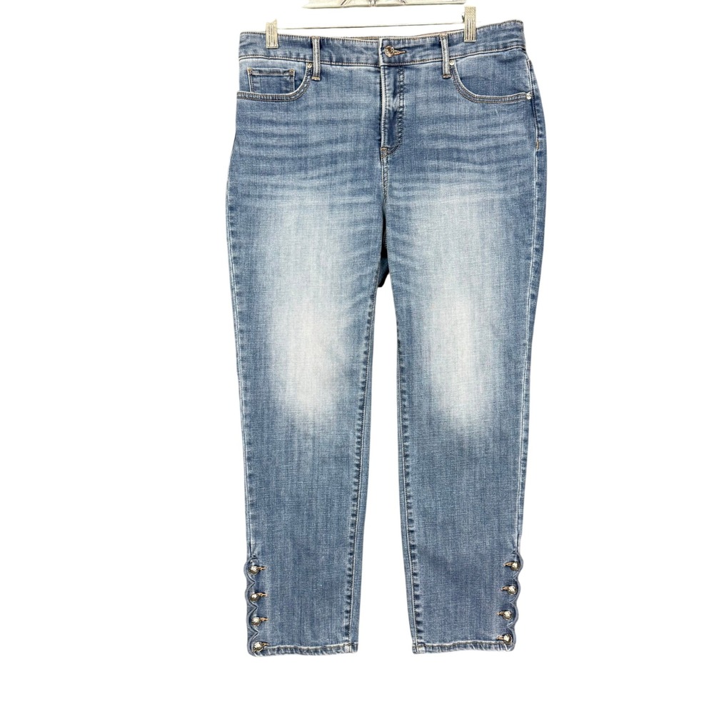 Chicos Jeans 1 Womens 8 Blue So Slimming Girlfriend Slim Ankle Scallop Buttons